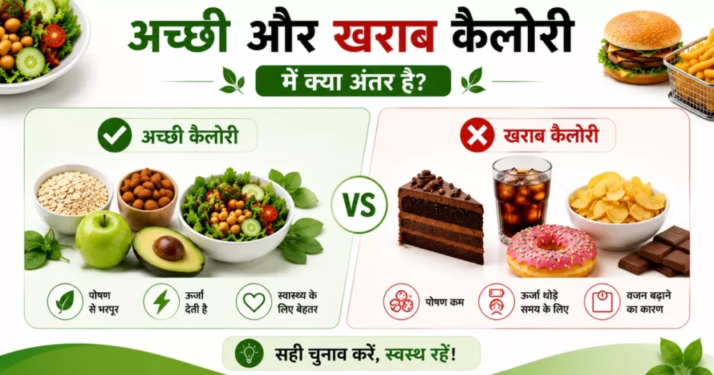 अच्छी और खराब कैलोरी की तुलना जिसमें पौष्टिक भोजन और जंक फूड दिखाए गए हैं