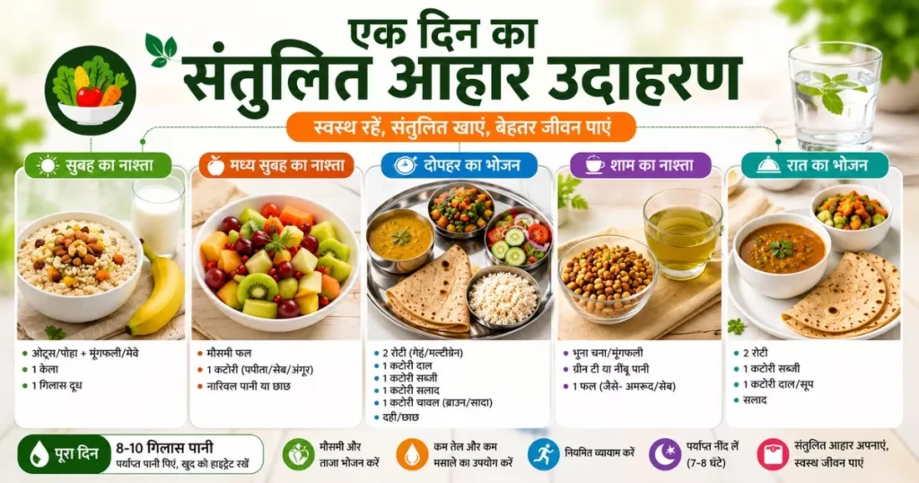 नाश्ता, दोपहर का भोजन, शाम का नाश्ता और रात के भोजन का संतुलित डाइट प्लान