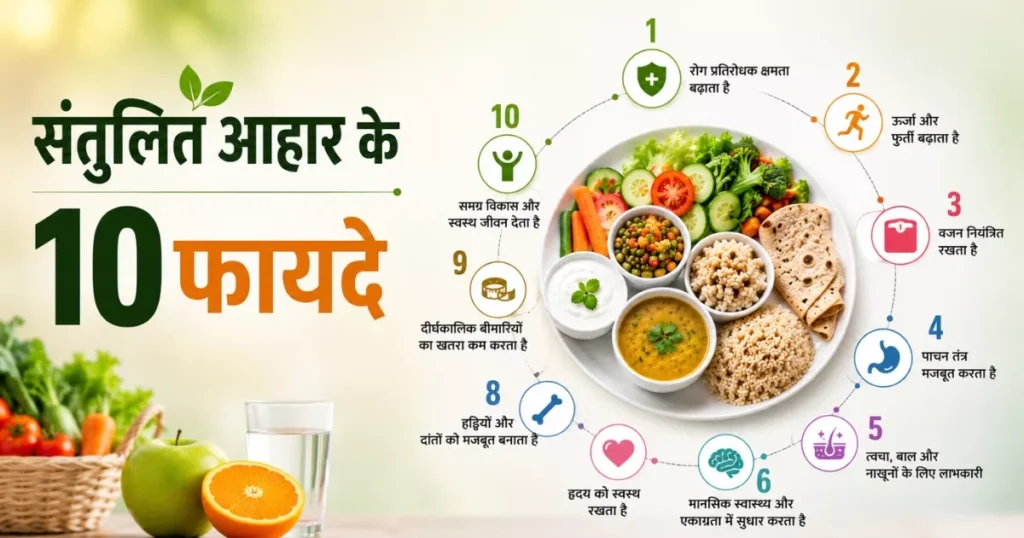 ऊर्जा, प्रतिरक्षा, पाचन और स्वास्थ्य लाभ दर्शाती संतुलित आहार इमेज