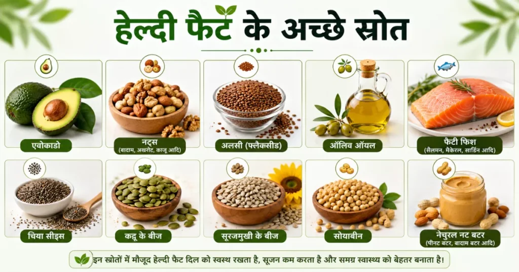 बादाम, अखरोट, अलसी, चिया बीज और जैतून के तेल जैसे हेल्दी फैट स्रोतों को दर्शाती इमेज