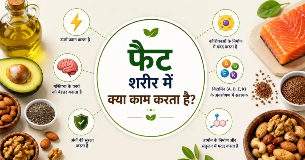 शरीर में फैट के कार्य जैसे ऊर्जा, मस्तिष्क स्वास्थ्य और विटामिन अवशोषण को दर्शाती इमेज