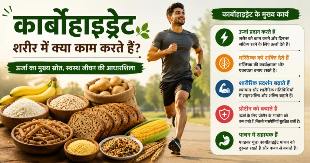 दौड़ते हुए व्यक्ति के साथ कार्बोहाइड्रेट के शरीर में मुख्य कार्य दिखाती इमेज