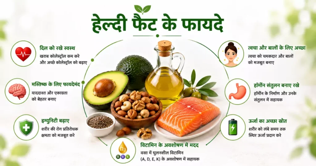 हृदय, मस्तिष्क, ऊर्जा और हार्मोन स्वास्थ्य पर हेल्दी फैट के फायदे दिखाती इमेज