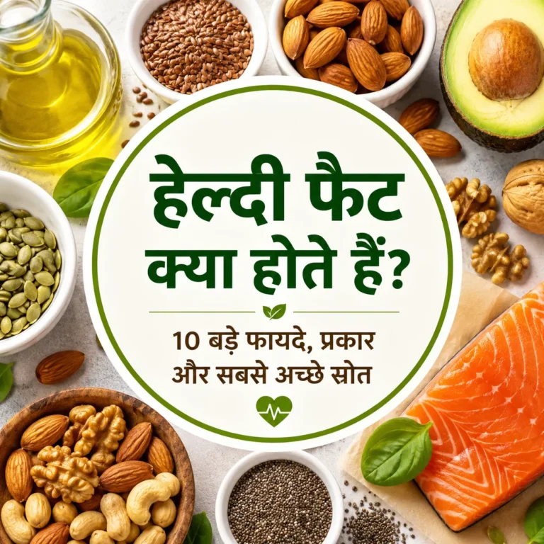 बादाम, अखरोट, चिया बीज और जैतून के तेल जैसे हेल्दी फैट स्रोतों को दर्शाती हिंदी इमेज