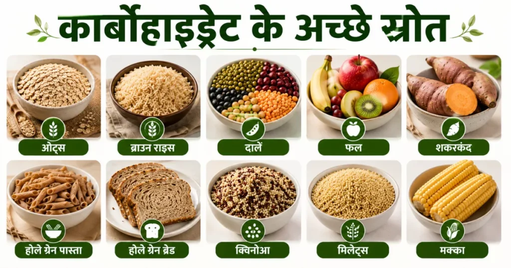 ओट्स, ब्राउन राइस, फल, दालें और साबुत अनाज जैसे स्वस्थ कार्बोहाइड्रेट स्रोत