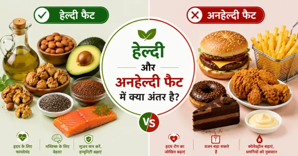 हेल्दी और अनहेल्दी फैट वाले खाद्य पदार्थों की तुलना करती हिंदी इन्फोग्राफिक
