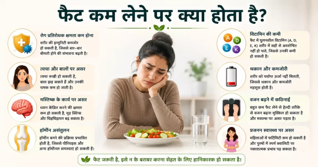 बहुत कम फैट लेने से होने वाली थकान, भूख और विटामिन की कमी को दर्शाती इमेज
