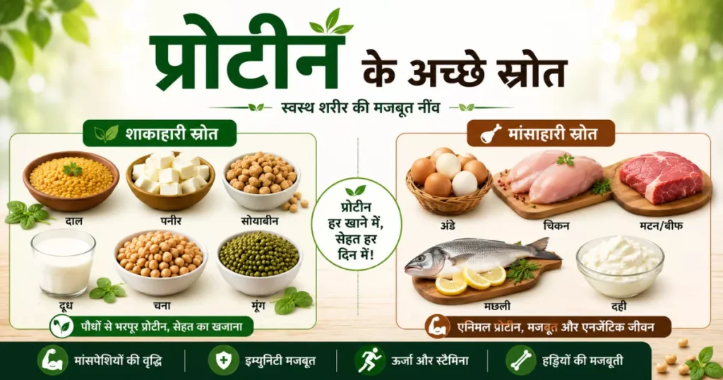 प्रोटीन के अच्छे स्रोत - शाकाहारी और मांसाहारी प्रोटीन युक्त खाद्य पदार्थ जैसे दाल, पनीर, सोयाबीन, अंडा, चिकन और मछली