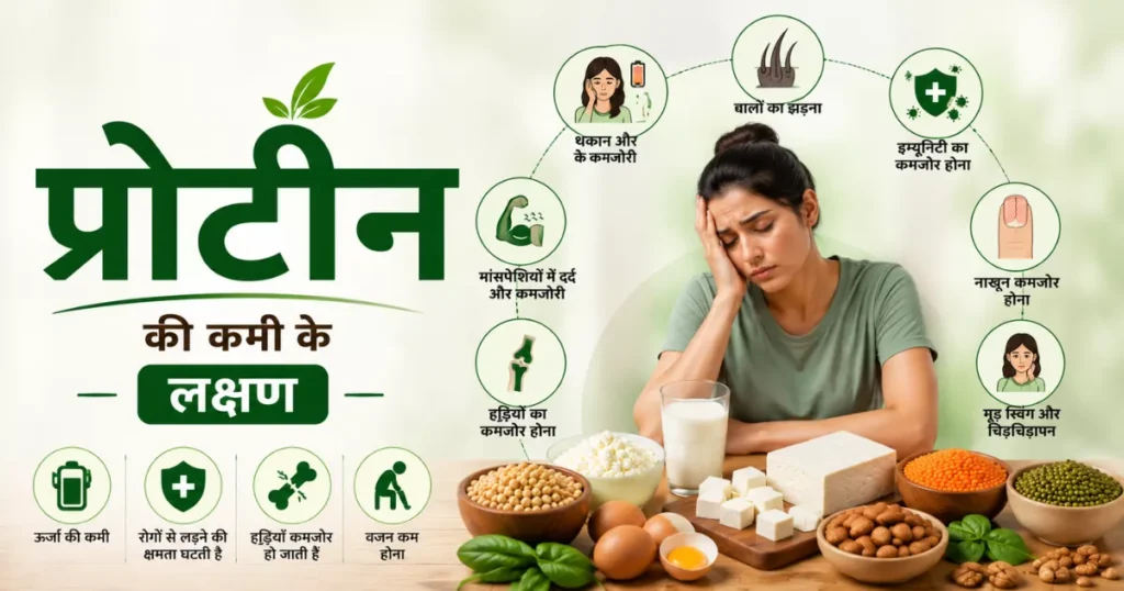 प्रोटीन की कमी के लक्षण - थकान, बाल झड़ना, मांसपेशियों में कमजोरी, बार-बार बीमार पड़ना और घाव देर से भरना