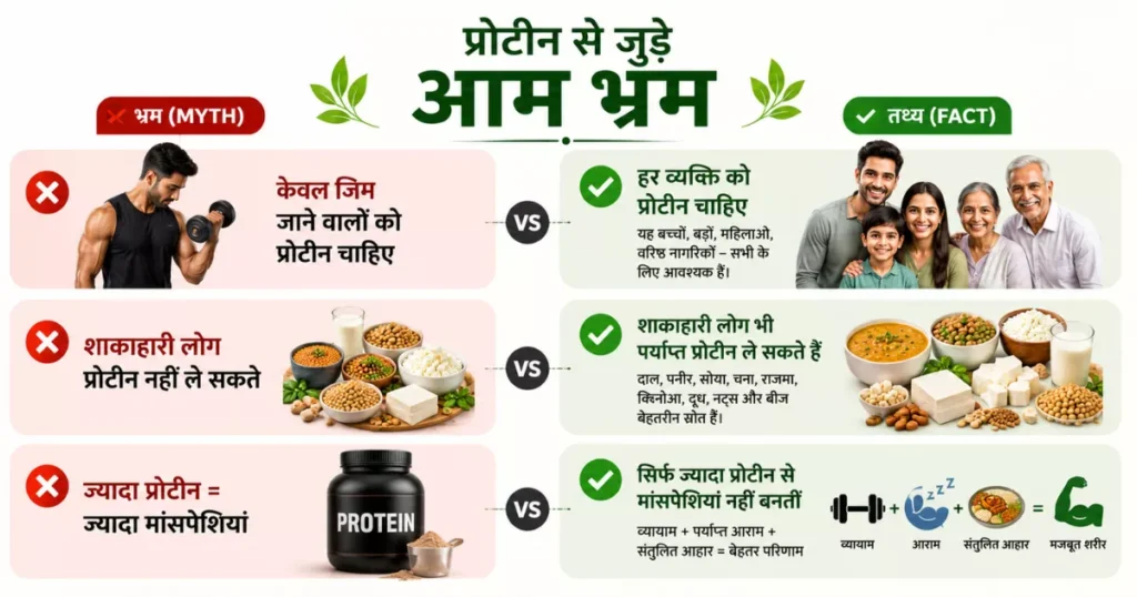 प्रोटीन से जुड़े आम भ्रम और तथ्य - क्या केवल जिम जाने वालों को प्रोटीन चाहिए, क्या शाकाहारी लोग पर्याप्त प्रोटीन ले सकते हैं और ज्यादा प्रोटीन से ज्यादा मांसपेशियां बनती हैं