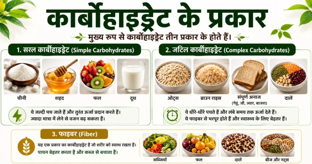 सरल और जटिल कार्बोहाइड्रेट के उदाहरणों को दर्शाती इन्फोग्राफिक