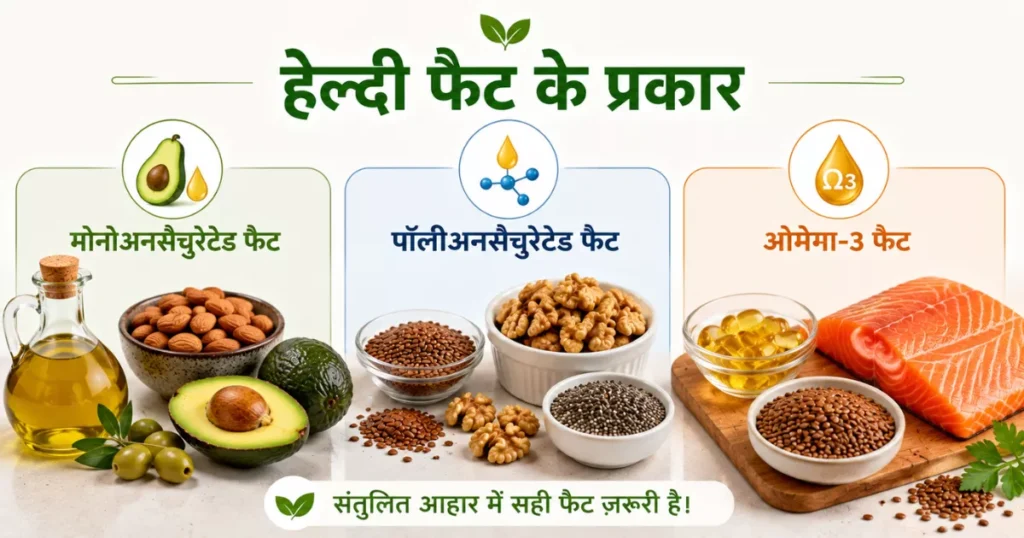 मोनोअनसैचुरेटेड, पॉलीअनसैचुरेटेड और ओमेगा-3 फैट को दर्शाती हिंदी इमेज