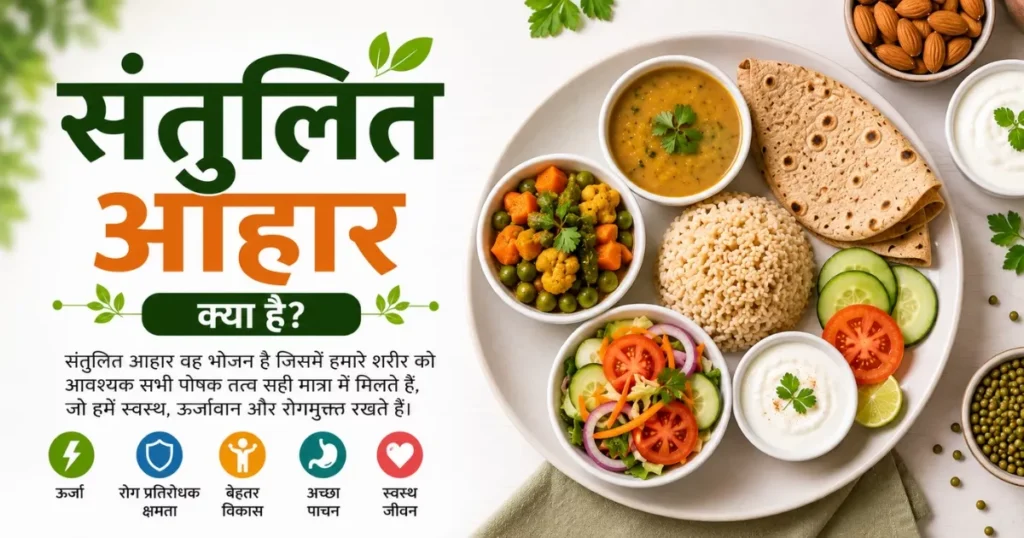 संतुलित भोजन की थाली और विभिन्न पोषक तत्वों को दर्शाती हिंदी इन्फोग्राफिक